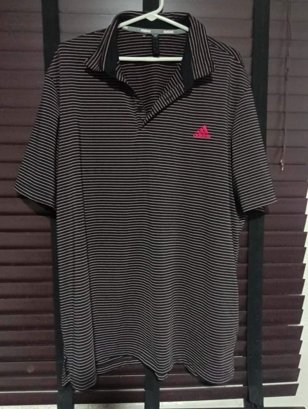 Adidas Men's Black Polo with Thin White Stripes and Pink Logo